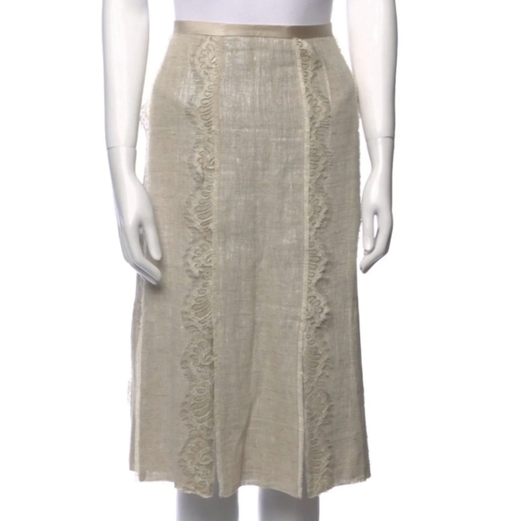 St John Couture Beige Linen Lace Flapper Slit A-Line Skirt - Picture 1 of 8